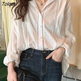 Fashion Oversized Hollow Lace Woman Shirt Turn-down Collar Loose Ladies Tops Long Sleeve White Blouse Women Blusas