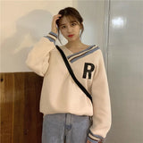 Women Loose Tops Slouchy Style WinterWarm Sweatshirts V-Neck Long Sleeve Pullover Girls Patchwork Clothes Blouse