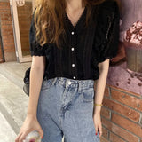 Sweet Lace Shirt 2021 V Neck Hollow Crochet Loose Women Tops Ruffle Stitching Blouse Short Sleeve Shirt and Blouse