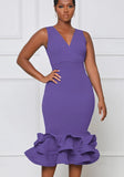 Sexy V-neck Sleeveless Solid Ruffles Layered Midi