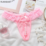 Women Pearl Crotch Open Lace Thong Slim Transparent Lingerie G-String Solid Color Girl Temptation Massage Underwear