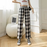 Wide Leg Plaid Women's Pants High Elastic Waist Slim Drawstring Female Trousers 2021 Spring Summer Fashion Retro
