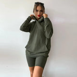 Two Pieces Set Women Autumn Winter Casual Solid Color Hooded Suits Girls Fashion Loose Top Sports Shorts Sets Female