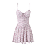 Sexy Flower Print Bow Bra Pad Corset Style Sling Bodysuits Women Ruched Ruffles Hem Skirt-shorts Jumpsuit Romper Overalls-Outfit