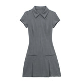 New Wide Pleated Lapel Short Fashionable Dress 8342303-Outfit