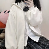 QWEEK Japan Style Sailor Collar Hoodie Women Kawaii Navy White Sweatshirt Autumn Winter Thick Zip Up Hoody 2021 Zipper Cute