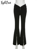 Black Slim Stretch Versatile Commuter Classic High Waist Simple Split Young Women's Zipper Flared Trousers Girl Casual-Outfit