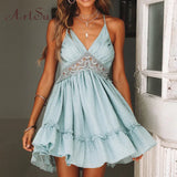 Bohemian Halter Mini Sundress Sweet Girl White Lace Dress Women Backless Sleeveless Beach Dress Mujer Vestidos