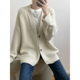 Women's V-Neck Knit Cardigan 2022 Autumn Loose Long Sleeve Green Sweater