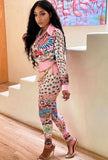 Print Retro Elegant Blouse and Pants Two Piece Set 703-0-Outfit