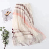 Fashion Patchwork Striped Print Pleated Skirt Elegant Office Lady Commute All-match Elastic High Waist Tulle Midi