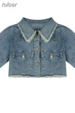 Skirts Outfits Vintage Denim Two Piece Set Women Short Sleeve Crop Tops High Waist Pleated Mini Skirt Suit Y2k