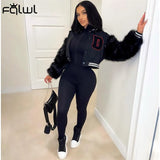 Pink Baseball Faux Fur Winter Jackets For Women 2021 Patchwork Button Crop Top Casual Jackets Coats Varsity Bomber