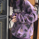QWEEK Harajuku Pineapple Hoodie Women Oversized Streetwear Long Sleeve Sweatshirt Autumn Winter 2021 Fashion Turtleneck Top
