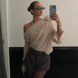 Women's Chiffon Blouse Tops Loose Fitting One Shoulder Slash Neck 3D Rose Flower Ruched Lantern Long Sleeve Shirts-Outfit