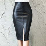 2021 Women Fashion PU Faux Leather Pencil Skirts Office Wear Split Black Midi Skirt Female Plus Size Chic Bodycon