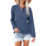V Neck Solid Top T Shirt Women Button Long Sleeve Vintage Clothes Casual Loose Autumn Spring Tee Pullover