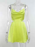 Backless Lace Up Women Solid Satin Mini Dress Cut Out Sexy Party Club Streetwear 2023 Summer Halter Low Cut Vestidos-Outfit