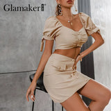 Office ladies A-line two piece suits Puff sleeve top and pocket slim mini skirt Summer Square collar casual sets