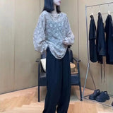Flowers Three-dimensional Decoration Blouse Casual Loose Spring Summer Thin Long Sleeve Female Korean Fashion Folds Shirt-Outfit