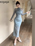 Women Dresses Sexy Elegant Mesh Patchwork Hollow Out Stand Collar Irregular Long Sleeve Party Dress Female Temperament-Outfit