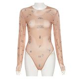 tight-fitting one-piece Top Women Long-Sleeved Bodysuits O-Neck Basic Party Wear Print Summer Wild Slim