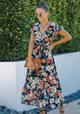 Printed Sweet V-neck Short Sleeves Floral Print Long