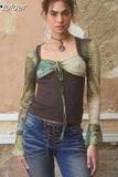 Fairy Grunge Flare Long Sleeve Crop Tops Y2k Style Square Neck Print Mesh Shirts 90s Vintage Aesthetic Clothes