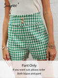 Party Green houndstooth shoulder pads women blazer suit Office lady button pocket short set autumn Long sleeve plaid suit