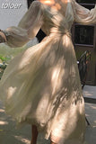 Korean V-neck Pleated Maxi Dresses for Women Ladies Party Fringed Lace Puff Sleeve Ruffled Lady Dreses Elegant