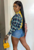 Contrast Plaid Button Long Sleeve Short