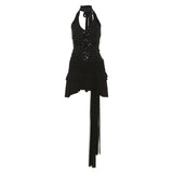 Summer New Women's Hottie V-Neck Hanging Neck-Deck Mesh Splicing Slit Tight Dress