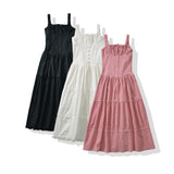 Ruched Chest Corset Style Sling Dress Low Waist Spliced Folded Swing Long Midi Women Elastic Strap Sleeveless Robe White-Outfit