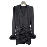 Casual Black Dress For Women V Neck Long Sleeve High Waist Ruched Sexy Mini Dresses Female Korean Fashion