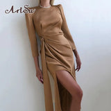 Satin Gown Split Wrap Maxi Dress Women Elegant Fashion Outfits Straight Club Party Long Sleeve Dresses