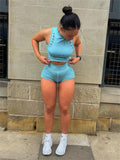 Summer Streetwear 2 Two Peice Sets Tracksuit Women Outfits Sleeveless Crop Top Shorts Hollow Out Hole Matching Sets