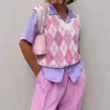 Sleeveless V Neck Vintage Argyle Sweater Vest Casual Loose Pink Knit Crop Top Pullovers Preppy Style Autumn