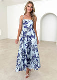 Long Dress Casual Square Collar Sleeveless Bohemian Shoulder Strap Flower Dress