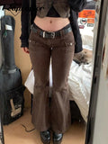 Y2K Brown Flare Jeans Solid Pockets Kawaii Trousers Low Waisted Aesthetic Grunge Fairycore Joggers Women Casual