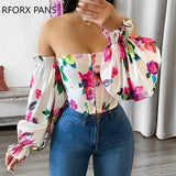 Women Off Shoulder Lantern Sleeve Floral Print Top for Women Top 2023-Outfit