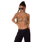 Toloer Women's Nightclub Low Chest Exposed Back Chain Sling Deep V Crop Tassel Vest