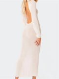 Sexy Women Summer Autumn Party Long Dress Solid Round Neck Long Sleeve Backless Knitted Dress Female Vestido Clubwear-Outfit