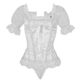 Sexy Corset Lace Up boned Overbust Bustier Belt Waist Bandage Shapers Short Sleeve Dancer Dress Top + G-string Skirt