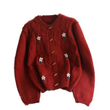 Horn Buckle New Year Red Sweater Cardigan Girl Autumn Winter Loose Lazy Wind New Year Red Knitted Coat Girl-Outfit