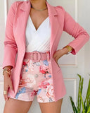 Fashion Women Autumn Coat And Print Shorts Two Piece Sets Elegant Blazers Shorts Suit With Belt Vestiti Interi