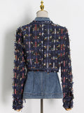 TWOTWINSTYLE Casual Patchwork Denim Set For Women Stand Collar Long Sleeve High Waist Fold Pleated Sets Female 2021 Autumn
