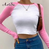 Color Contrast Patchwork Basic Crop Top Shirt Autumn Long Sleeve Rib Knitted Women Tshirts Casual Outfit Tops