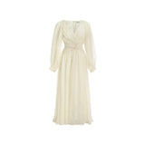 Korean V-neck Pleated Maxi Dresses for Women Ladies Party Fringed Lace Puff Sleeve Ruffled Lady Dreses Elegant