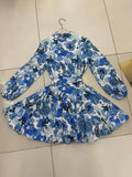 Print Colorblock Mini Dress For Women Stand Collar Lantern Sleeve High Waist Loose Dresses Female Clothing