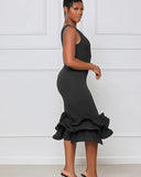 Sexy V-neck Sleeveless Solid Ruffles Layered Midi